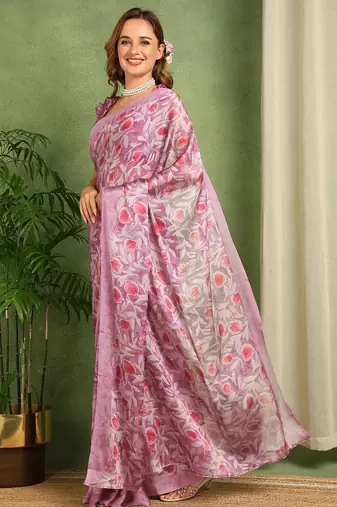 Women's wine floral print chiffon ready to wear saree | pre draped party wear saree