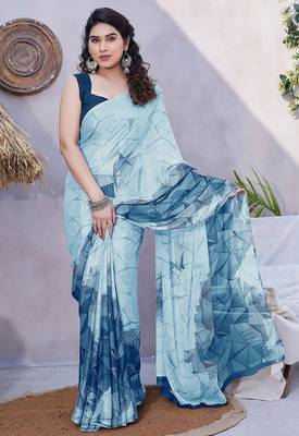 Women's blue geometric print chiffon ready to wear saree | pre draped party wear saree 1