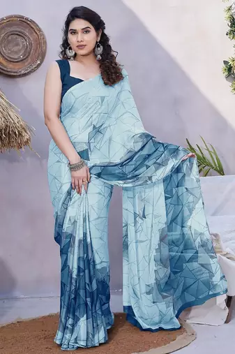 Women's blue geometric print chiffon ready to wear saree | pre draped party wear saree