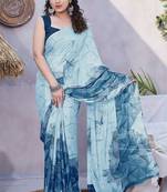 Women's blue geometric print chiffon ready to wear saree | pre draped party wear saree
