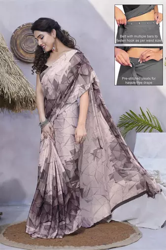 Women's pink geometric print chiffon ready to wear saree | pre draped party wear saree