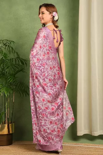 Women's wine floral print chiffon ready to wear saree | pre draped party wear saree