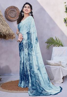 Women's blue geometric print chiffon ready to wear saree | pre draped party wear saree 3