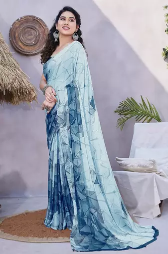 Women's blue geometric print chiffon ready to wear saree | pre draped party wear saree