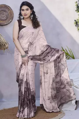 Women's pink geometric print chiffon ready to wear saree | pre draped party wear saree