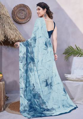 Women's blue geometric print chiffon ready to wear saree | pre draped party wear saree 4