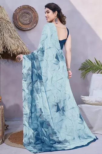 Women's blue geometric print chiffon ready to wear saree | pre draped party wear saree