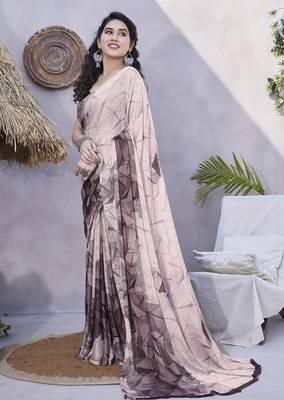Women's pink geometric print chiffon ready to wear saree | pre draped party wear saree 3