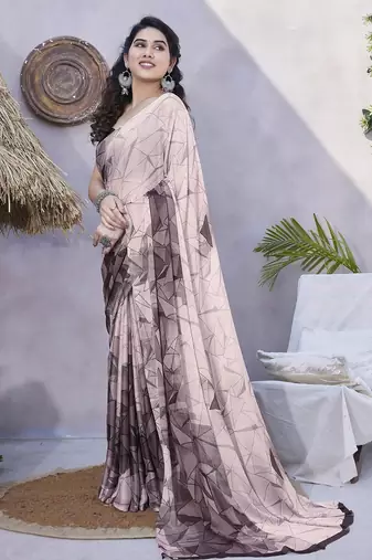 Women's pink geometric print chiffon ready to wear saree | pre draped party wear saree