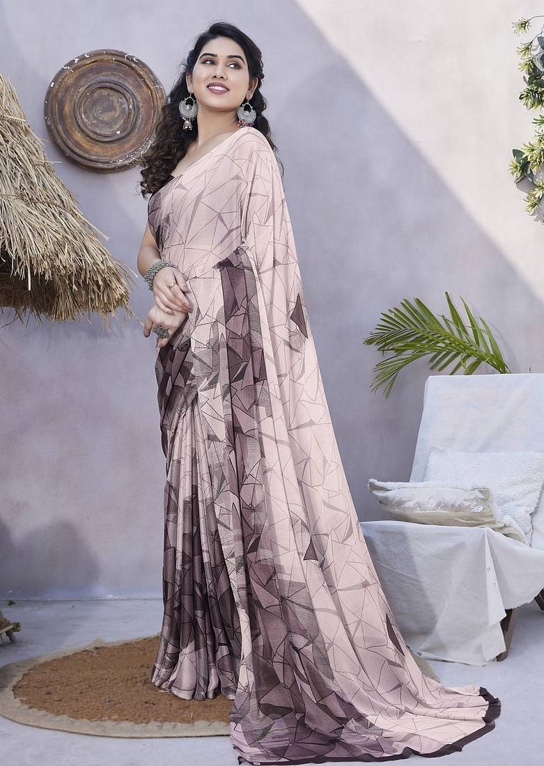 Women's pink geometric print chiffon ready to wear saree | pre draped party wear saree