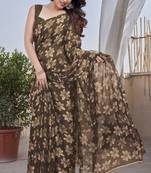 Women's brown floral print chiffon ready to wear saree | pre draped party wear saree
