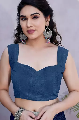 Women's blue geometric print chiffon ready to wear saree | pre draped party wear saree