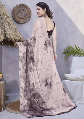 Women's pink geometric print chiffon ready to wear saree | pre draped party wear saree 4