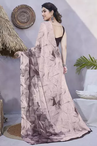 Women's pink geometric print chiffon ready to wear saree | pre draped party wear saree