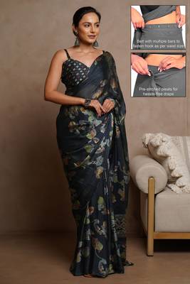 Women's blue floral print chiffon ready to wear saree | pre draped party wear saree 2