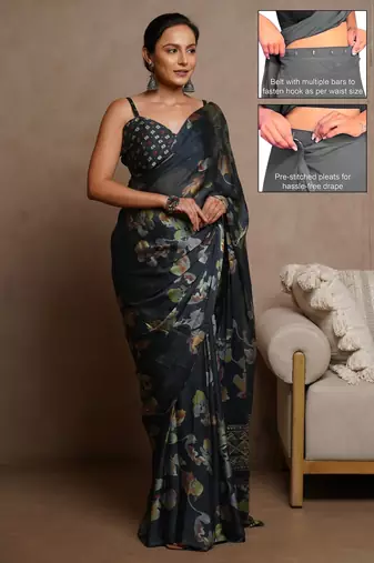 Women's blue floral print chiffon ready to wear saree | pre draped party wear saree