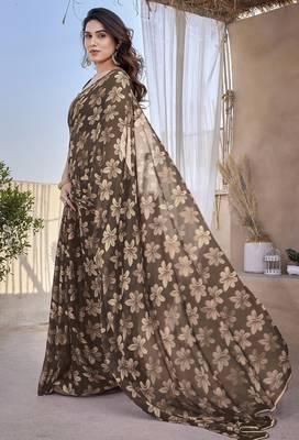 Women's brown floral print chiffon ready to wear saree | pre draped party wear saree 3