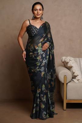 Women's blue floral print chiffon ready to wear saree | pre draped party wear saree 1