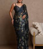 Women's blue floral print chiffon ready to wear saree | pre draped party wear saree