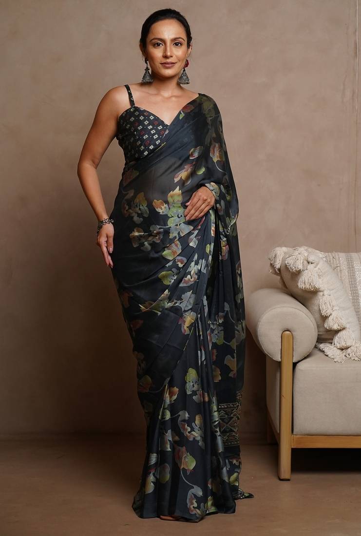 Women's blue floral print chiffon ready to wear saree | pre draped party wear saree
