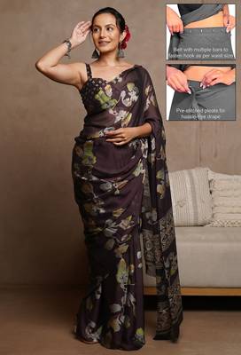 Women's wine floral print chiffon ready to wear saree | pre draped party wear saree 2