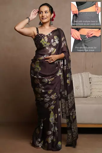Women's wine floral print chiffon ready to wear saree | pre draped party wear saree