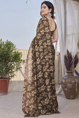 Women's brown floral print chiffon ready to wear saree | pre draped party wear saree 4