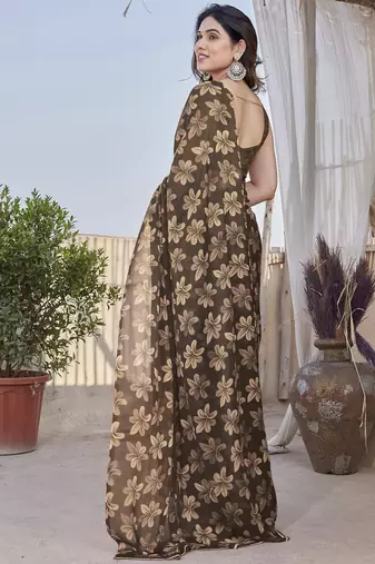 Women's brown floral print chiffon ready to wear saree | pre draped party wear saree
