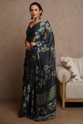 Women's blue floral print chiffon ready to wear saree | pre draped party wear saree 3