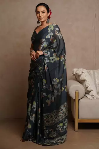 Women's blue floral print chiffon ready to wear saree | pre draped party wear saree