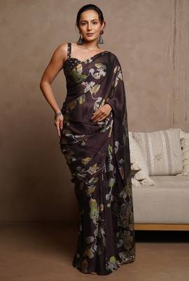 Women's wine floral print chiffon ready to wear saree | pre draped party wear saree 1