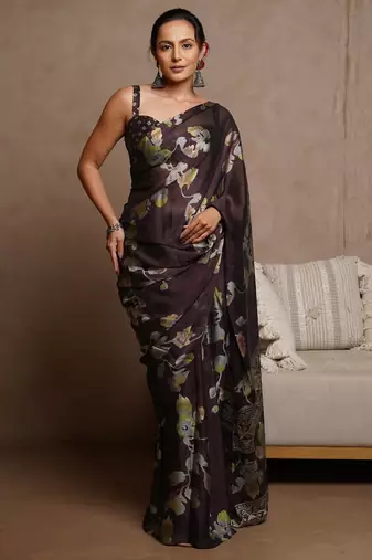 Women's wine floral print chiffon ready to wear saree | pre draped party wear saree