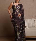 Women's wine floral print chiffon ready to wear saree | pre draped party wear saree