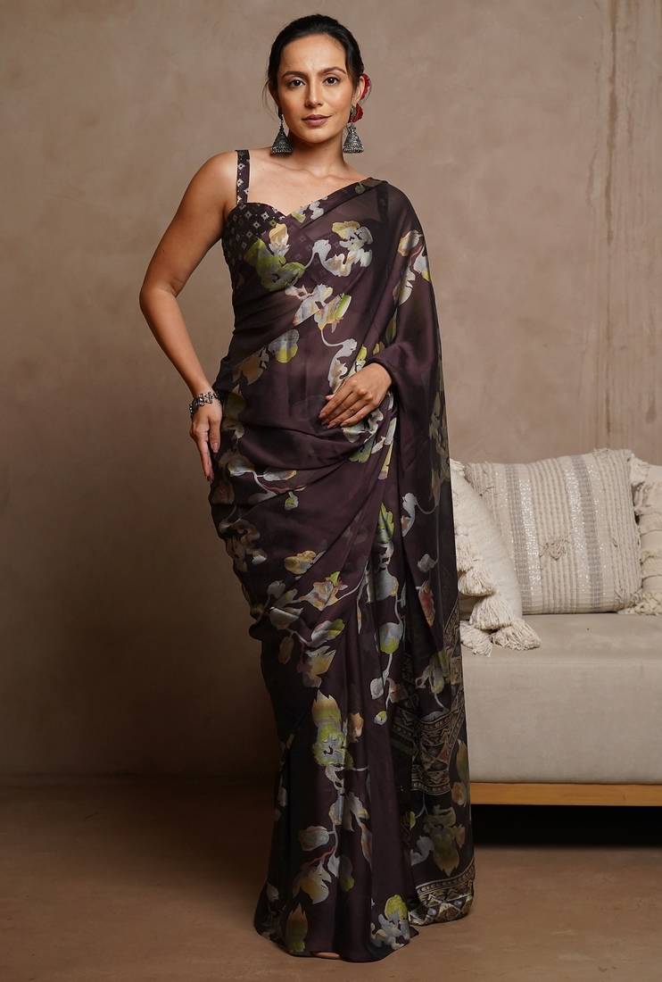 Women's wine floral print chiffon ready to wear saree | pre draped party wear saree