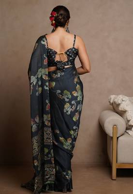 Women's blue floral print chiffon ready to wear saree | pre draped party wear saree 4