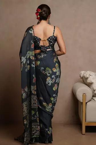 Women's blue floral print chiffon ready to wear saree | pre draped party wear saree