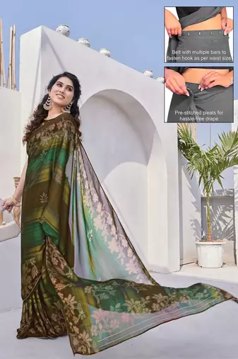 Women's brown floral print chiffon ready to wear saree | pre draped party wear saree