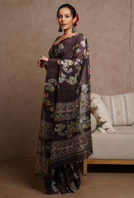 Women's wine floral print chiffon ready to wear saree | pre draped party wear saree 3