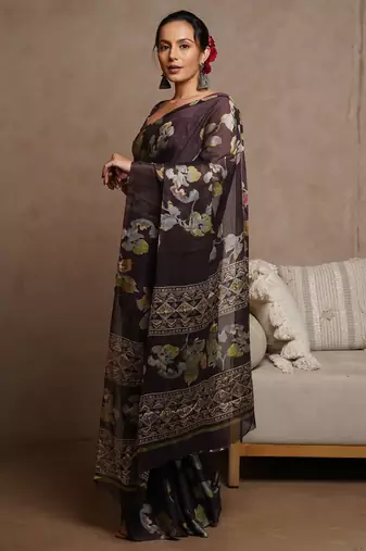 Women's wine floral print chiffon ready to wear saree | pre draped party wear saree