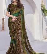 Women's brown floral print chiffon ready to wear saree | pre draped party wear saree