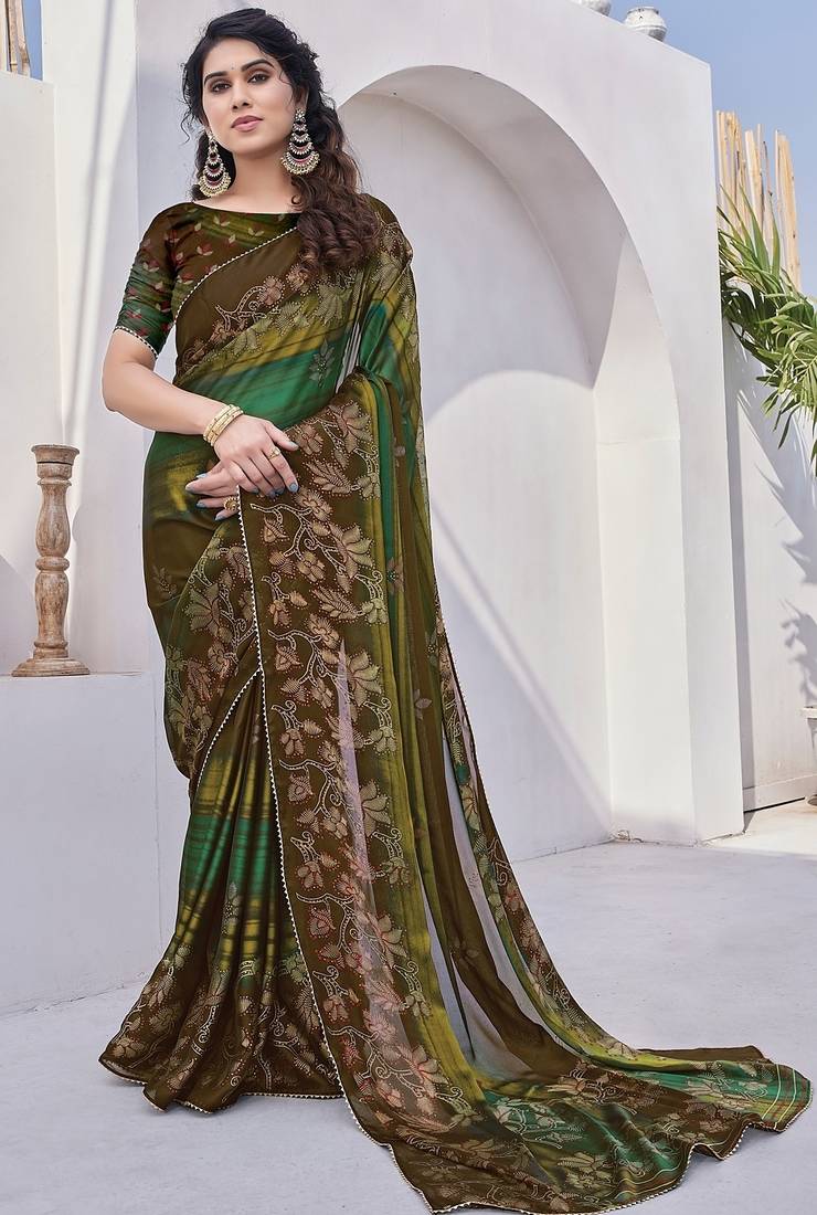 Women's brown floral print chiffon ready to wear saree | pre draped party wear saree