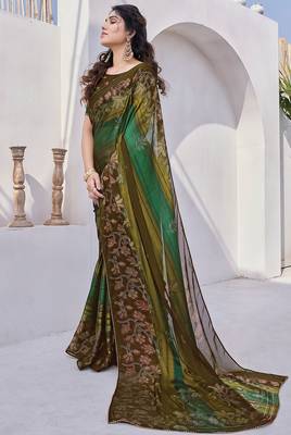 Women's brown floral print chiffon ready to wear saree | pre draped party wear saree 3