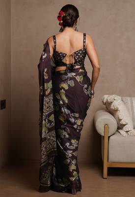 Women's wine floral print chiffon ready to wear saree | pre draped party wear saree 4