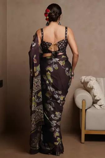 Women's wine floral print chiffon ready to wear saree | pre draped party wear saree