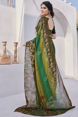 Women's brown floral print chiffon ready to wear saree | pre draped party wear saree 4