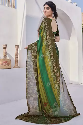 Women's brown floral print chiffon ready to wear saree | pre draped party wear saree