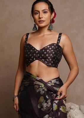 Women's wine floral print chiffon ready to wear saree | pre draped party wear saree 5