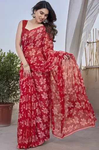 Women's red floral print chiffon ready to wear saree | pre draped party wear saree