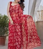 Women's red floral print chiffon ready to wear saree | pre draped party wear saree