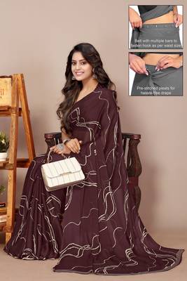 Women's brown geometric print chiffon ready to wear saree | pre draped party wear saree 2
